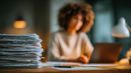 Foreground papers, blurred person with curly hair working intensely on a laptop
