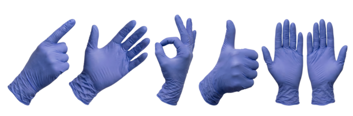 Collection of Blue Nitrile Gloves Showing Various Hand Gestures and Poses