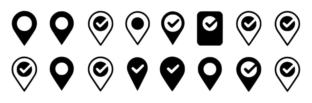 Black-and-white icons of round map pins arranged in a grid, each pin showing a drop shape with a circular base and rounded top.