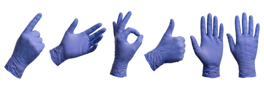 Collection of Blue Latex Gloves Showing Various Hand Gestures on White Background - Powered by Adobe