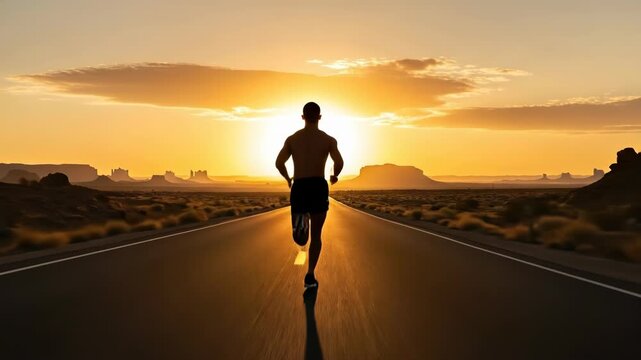 Determined runner silhouetted by the intense sunset on an open highway.