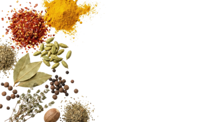 Assortment of colorful spices and herbs scattered on a white background