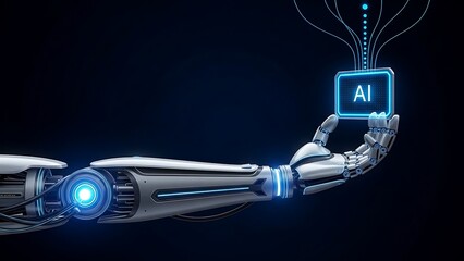 Robotic arm with glowing blue ai symbol on dark background technology