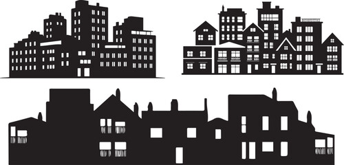 Fototapeta premium Set of black town, apartments, group of building icons silhouette vector illustration with white background.