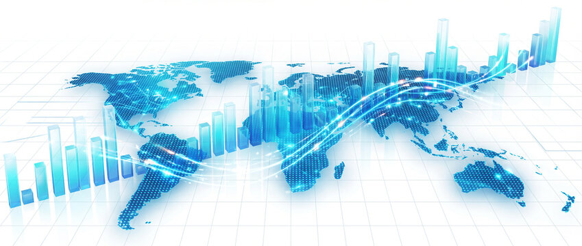 Bar chart on a planisphere background. Financial analysis and market insights worldwide