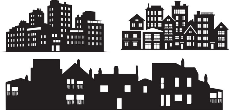 Set of black town, apartments, group of building icons silhouette vector illustration with white background.