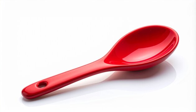 Glossy red spoon with hanging hole at handle end, placed on white background in minimalist composition.
