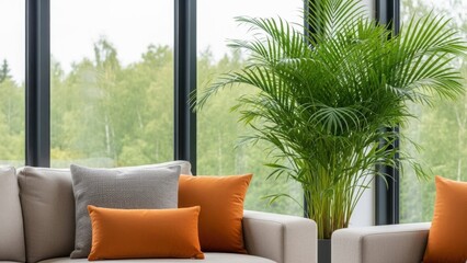 Modern living room with vibrant orange pillows and lush green plant