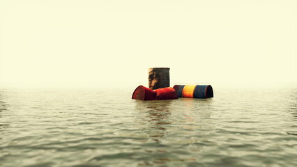 Brightly colored barrels drift gently on a still water surface during a serene sunset. The soft hues create a tranquil scene filled with reflections and quiet beauty. © icetray