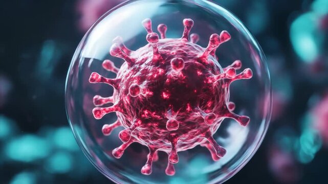Red coronavirus cell with spike proteins in transparent bubble. Medical animation of infection, virus or bacteriological microscopic organism.