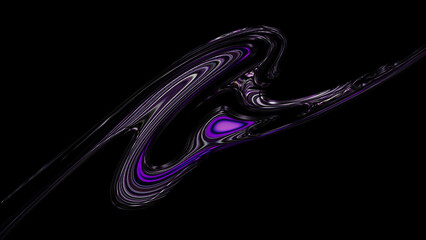 Abstract purple fluid swirl background with dark chromatic metal liquid ripples and neon glowing flowing lines on black backdrop