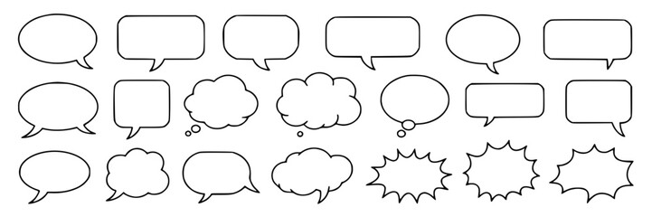 A collection of various hand-drawn, cartoon-style speech bubbles and thought clouds in black outline on a white background, arranged in rows.