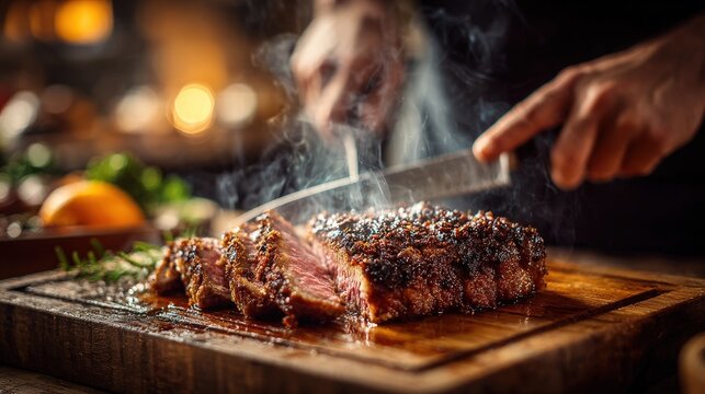 Hands slicing a steaming, perfectly cooked, herb-crusted roast beef on a wooden board