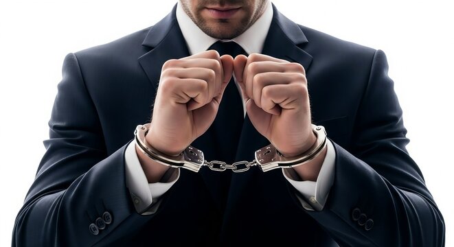 Business man in dark suit with hands handcuffed against white background.