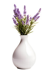 Smooth white ceramic vase with single lavender stem, Isolated to Transparent Background