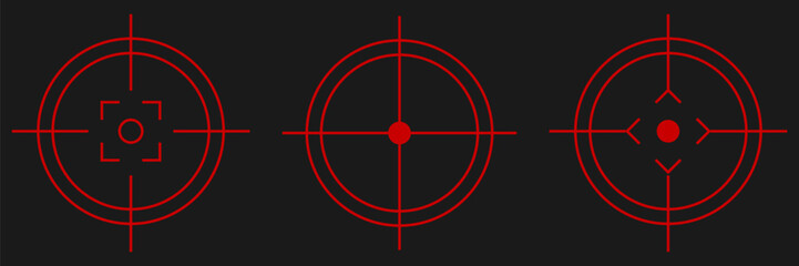 Collection of futuristic red targeting reticles. Vector crosshair symbols for military HUD design, tactical shooter games, weapon scopes, aim assistance systems, and sci fi combat interfaces.