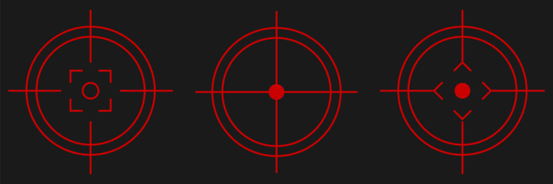 Collection of futuristic red targeting reticles. Vector crosshair symbols for military HUD design, tactical shooter games, weapon scopes, aim assistance systems, and sci fi combat interfaces.