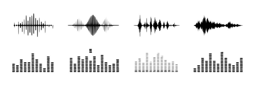 Eight different black digital sound waves and audio spectrum equalizer bars set on a plain white background, isolated.