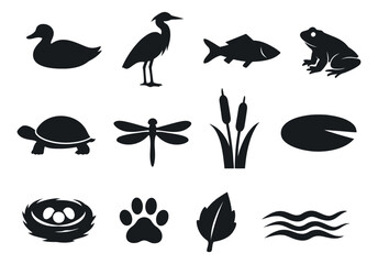 Obraz premium Simple silhouette pond life set featuring various animals and plants for nature education
