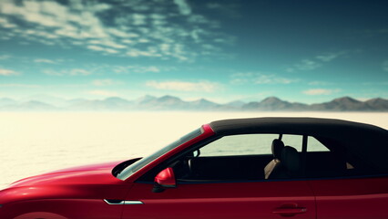 A sleek red convertible sits parked on a shimmering salt flat, reflecting sunlight. The expansive sky is dotted with soft clouds, while distant mountains create a serene backdrop.