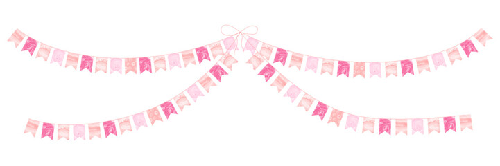 Light pink garland with small rectangular pennant flags hanging on string festive decoration for birthday party baby girl celebration garden fair isolated watercolor clipart