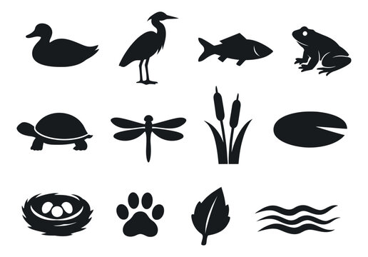 Simple silhouette pond life set featuring various animals and plants for nature education