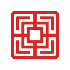 Traditional red Chinese square labyrinth pattern symbol representing longevity and prosperity for lunar new year decorative graphic design