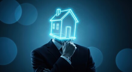 Businessman with a glowing neon house outline head on a dark conceptual background