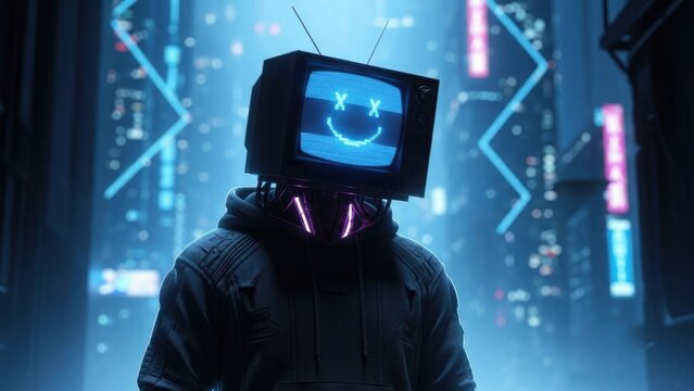 Futuristic person wearing TV head with smiley face in neon city