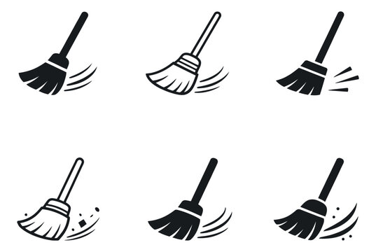 Simple graphic broom icon set featuring sweeping actions and dust particles in solid and line art styles for cleaning and maintenance services