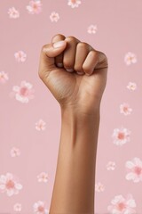 Raised fist on floral background symbolizing strength and empowerment