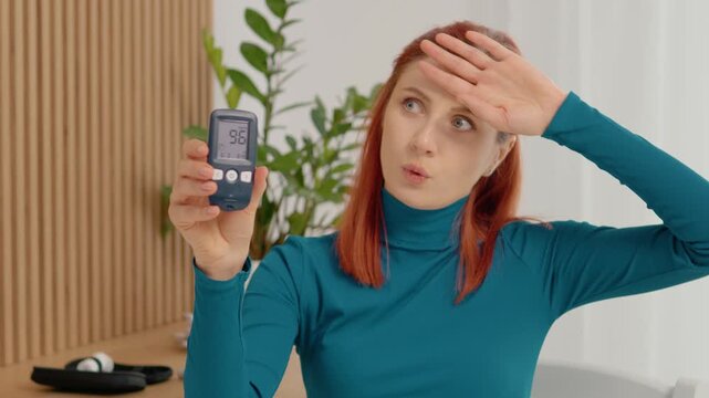A woman holds a glucometer showing a reading of 96 mg dL, indicating a good blood sugar level. She shares this during a light moment at home.