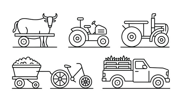 Farm Elements Set: An outline illustration presents a variety of farm vehicles and a bullock cart, portraying rural life and agriculture.