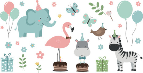 Cute birthday animal illustration set with elephant, flamingo, hippo, zebra, cakes, balloons, gifts, and playful nursery party elements in pastel flat vector style © Mstferdoshi