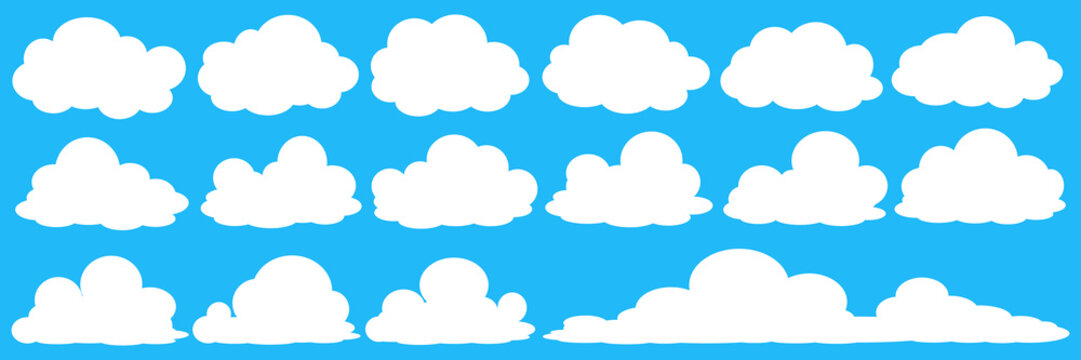 set of vector illustrations of clumpy clouds, cloud bubbles in flat style on a blue background	