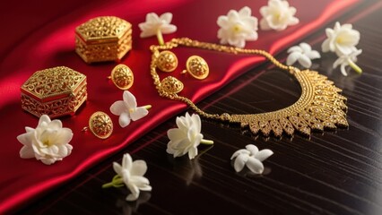 Elegant gold jewelry set with intricate designs on red silk and white flowers