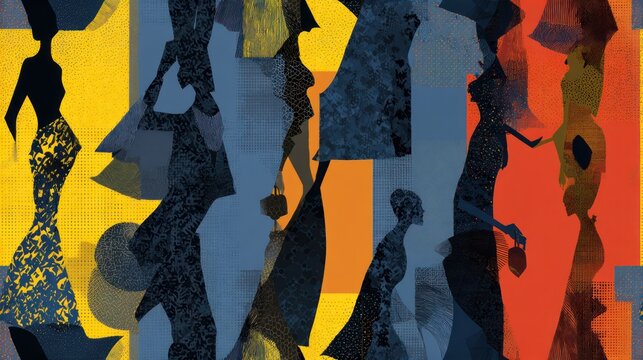 Abstract silhouettes of women in stylized patterns with blocks of bold color