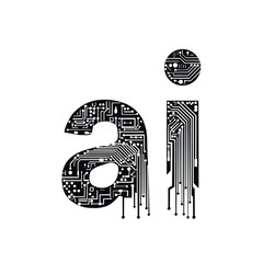 Stylized AI lettering filled with electronic circuit patterns. Modern tech typography illustration representing artificial intelligence, digital innovation and future technology concepts