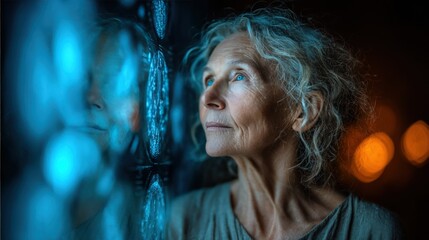 Pensive senior woman, blue eyes gazing at reflected light on a digital screen