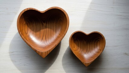 Two heart shaped wooden bowls on white surface