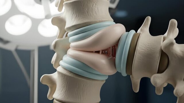 Anatomy illustration of a human spinal column with a herniated disc.