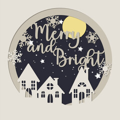 vector illustration of a Merry Christmas card. Layered paper cut with snowflakes.  Paper cut out design. Shadow box style.