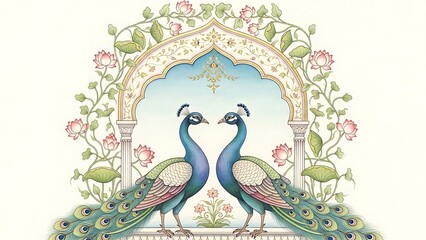 Fototapeta premium Two Peacocks Facing Each Other Under Ornate Archway with Floral Decor