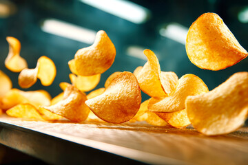 Potato chips are flying through the air on a production line. The close-up view shows details of each chip in high resolution and studio lighting