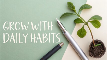Minimalist composition of pens plant and inspirational text