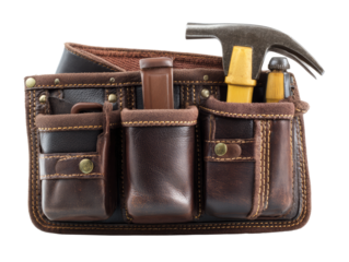 A close-up of a brown leather tool belt with various tools inside. The tool belt looks ready for action, suggesting skilled craftsmanship Isolated Transparent Background, PNG