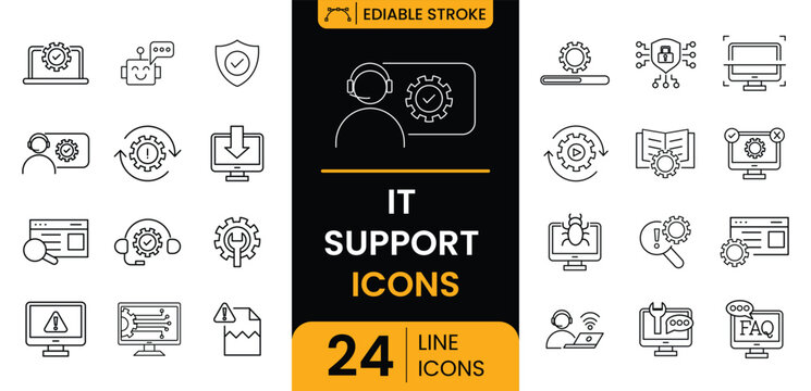 Icon set Includes IT support, troubleshooting, help desk, cybersecurity, system backup, AI assistance, problem solving, Perfect for IT. IT support icon set. Tech support icon set.