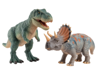 A Tyrannosaurus Rex and Triceratops model interacting with each other, showcasing their unique features Isolated Transparent Background, PNG
