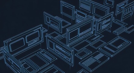 Abstract 3D Blueprint of Digital Interfaces on Dark Background