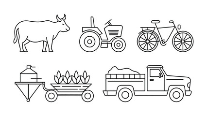 Farming Essentials: An illustrated composition of farming elements, highlighting tools and livestock, all rendered in simple line art, providing a sense of rustic charm and rural life.